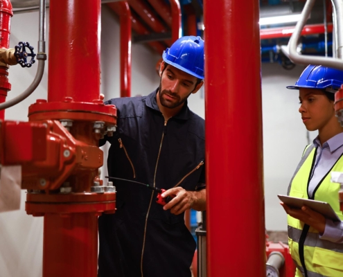 Two Workers Inspecting Fire System